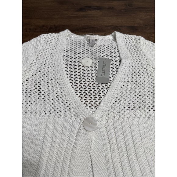Chico's Crochet Knit Cecilia Crop Cardigan Sweater White Chic Minimalist Sz 1 - Picture 4 of 9